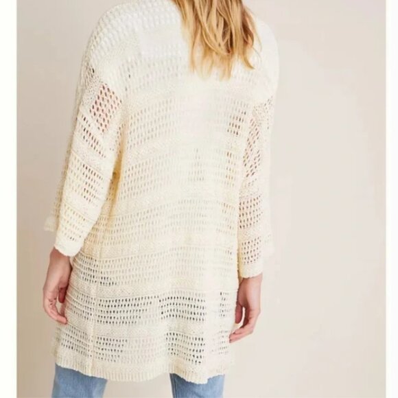 Anthropologie Ivory Crochet Knitted Open Front Kimono Duster Cardigan Sweater OS - Picture 8 of 8